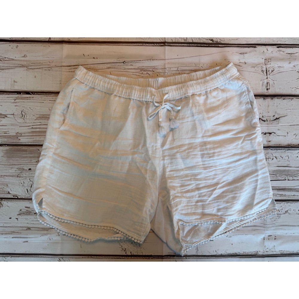 Talbots Womens 1X White Linen Blend Tassel Drawstring Pom Pom Trim Shorts 1219